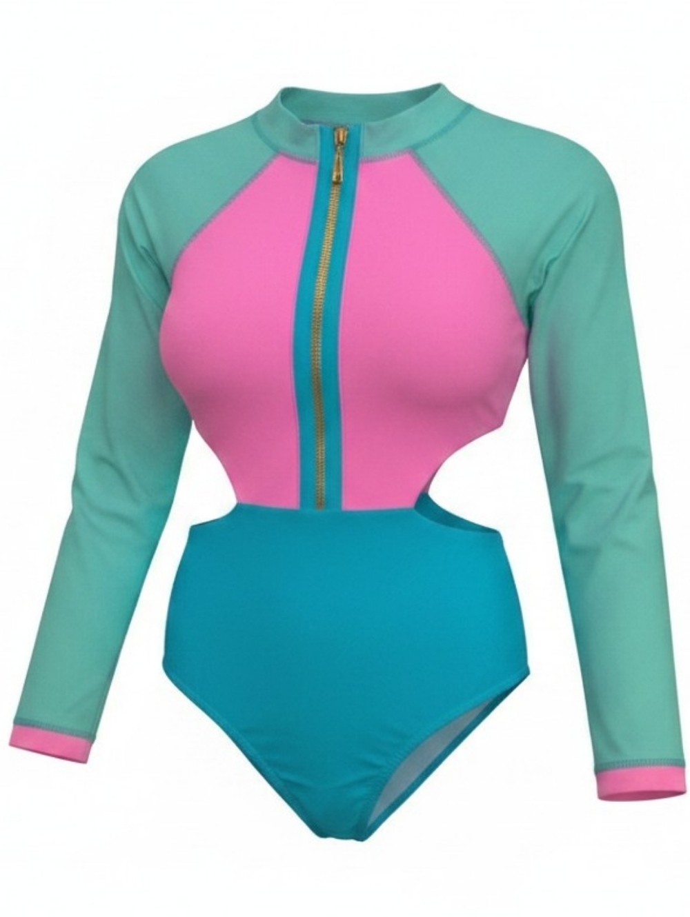 Long Sleeve Colorblock One-Piece Swimsuit - Mint, Pink & Teal, Sz S